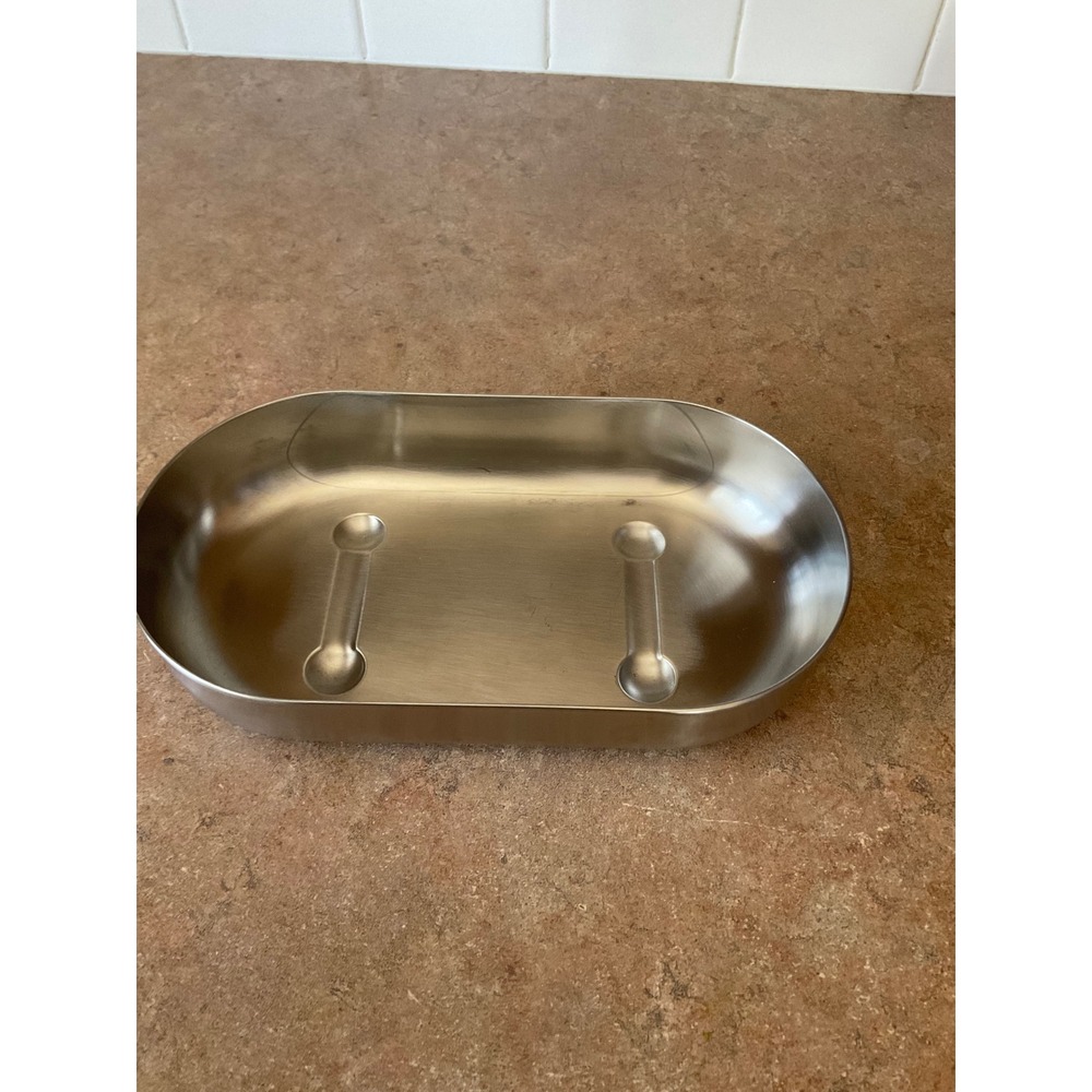 Brushed Stainless Steel Oval Catchall Tray Bone Detail Silver Metal Dish 9 Inch